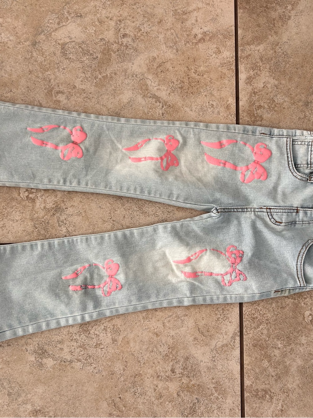 Light Wash kids flare Jeans with painted Pink Bows Size 7 years